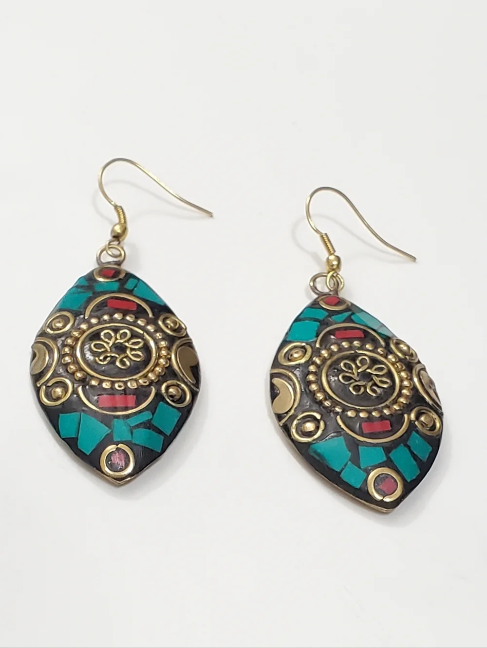 Tibetan Style Blue & Red Turquoise Dangle Earrings - Picture 4 of 6